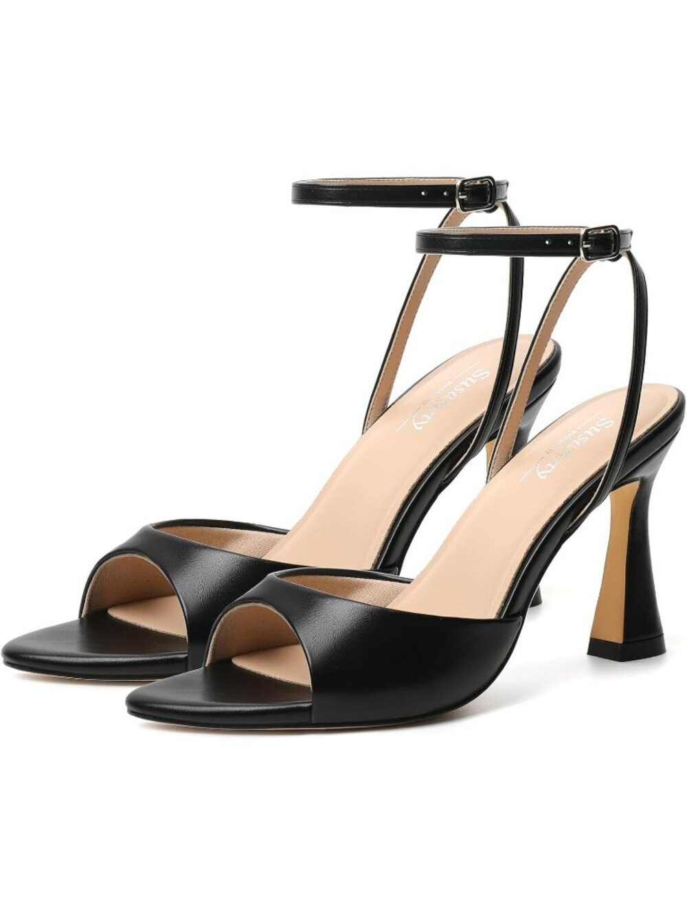 Women's Black Pointed Open Toe Strappy Chunky Block High Heels Sandal Shoes